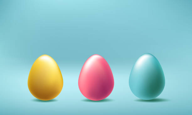 istock Easter egg hunt 3d vector illustration. Happy april greeting card, 3 pink, blue, golden chocolates. Spring day gift, realistic design on blue background. Modern pastel color holiday render poster 2205575067