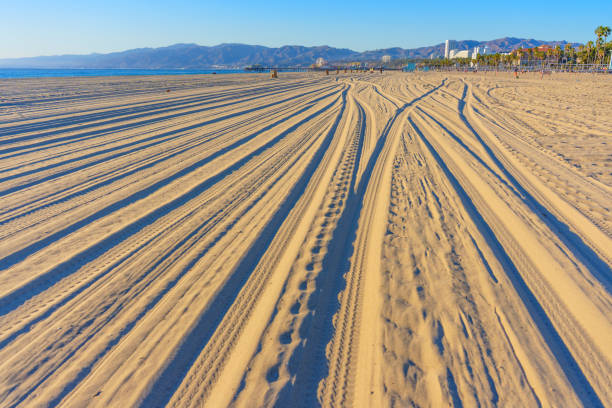 Serene stretch of sandy beach at Venice Beach, California, with distinct tire tracks leading into the distance under a clear blue sky.