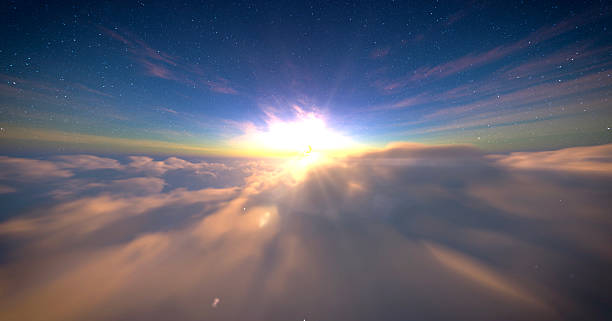 istock Sun on the blue starry sky above moving clouds 2205581308