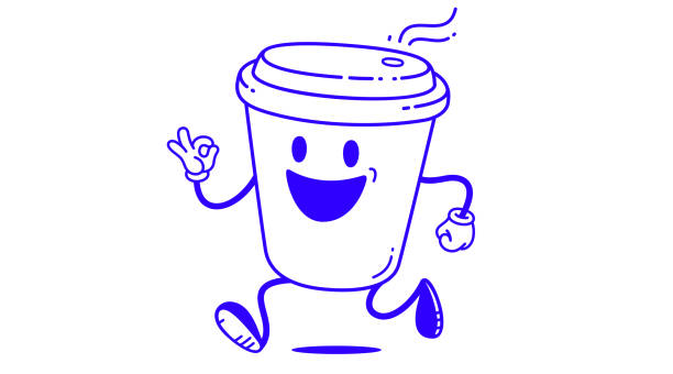 Coffee cup, funny character mascot. Design template, logo, sign, graphic element for advertising, branding, poster. Funny coffee cup, cartoon character mascot, smile coffee cup. Vector Illustration