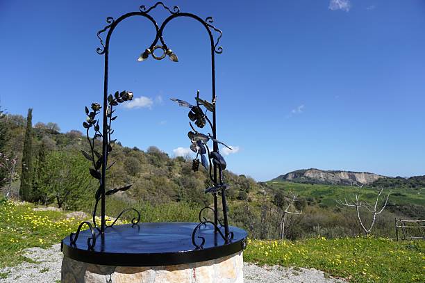 A round stone well with a forged arch. The arch is decorated with decorative patterns, including stylized rose leaves and grape clusters. Black metal with gold inserts.