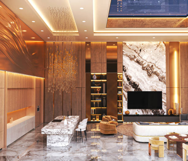 istock Luxury modern living room with marble kitchen and chandelier 2205586776