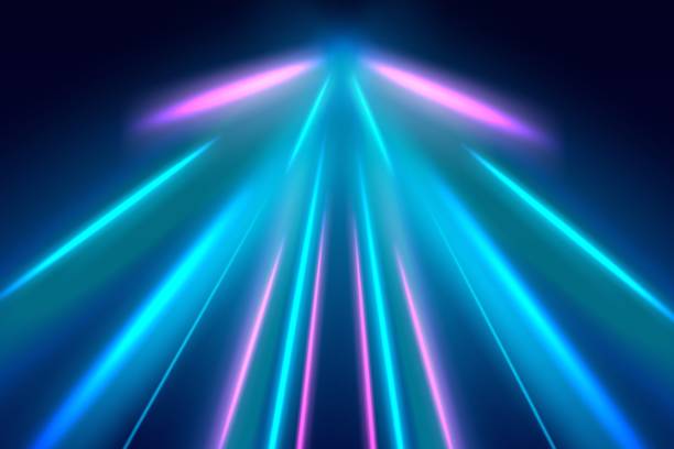 istock Abstract neon light rays background. A Colorful Motion Background of City Light Trails. Purple glowing wave swirl, impulse cable lines. Long time exposure. 2205586837
