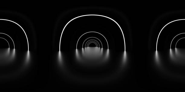 a series of white illuminated arches receding into the distance, creating a symmetrical reflection on a shiny, dark surface. equirectangular 360 degree panorama vr virtual reality content