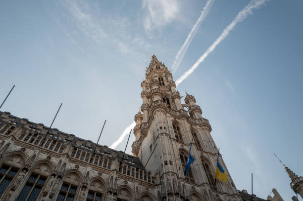 The majestic tower of brussels town hall rises above the grand place, showcasing its intricate gothic architecture against a clear blue sky