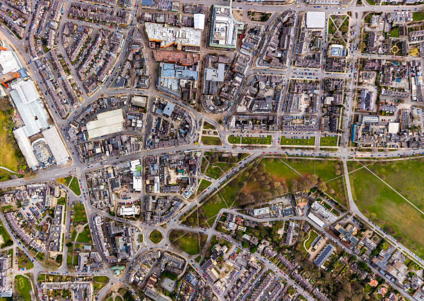 Aerial panoramic skyline view directly above Harrogate Town centre