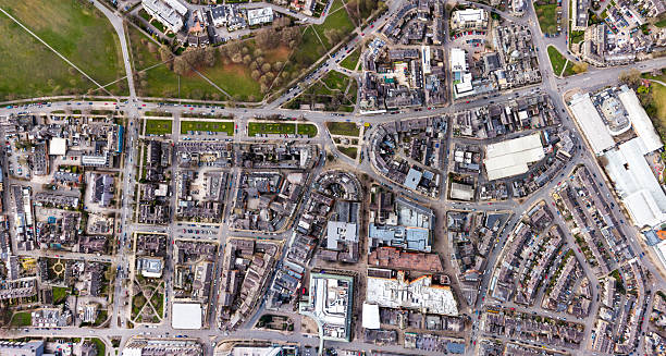 istock Aerial panoramic skyline view directly above Harrogate Town centre 2205596403