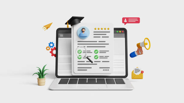istock Human resources management concept. Recruitment, hiring process, ideal candidate, head hunt, talent acquisition, job vacancy. Magnifying glass analyzing at employee CV on laptop. 3D illustration 2205603261