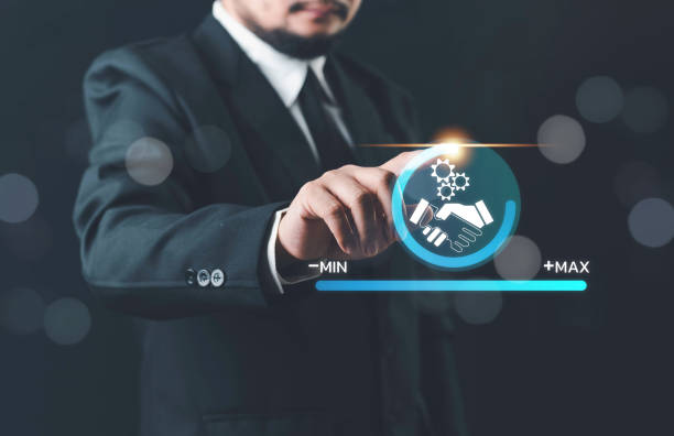 istock Trusted partner. Trustworthy collaboration, company or contract. Confidence to work together. Businessman turning knob to highest trust levels. Build trust in business and finance relationships. 2205604165