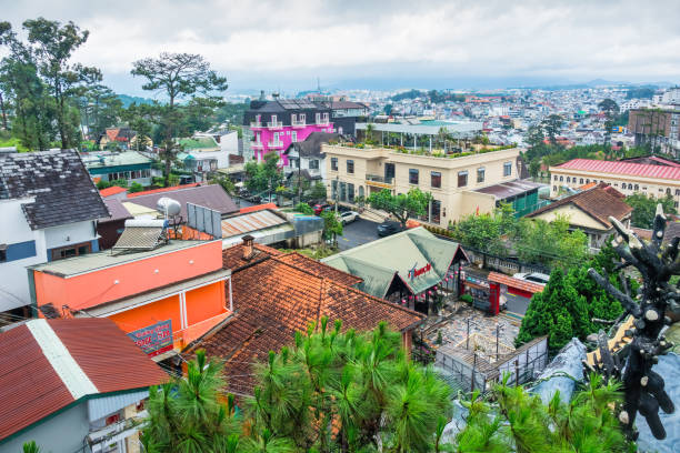Cityscape of Dalat, Vietnam on a cloudy day.