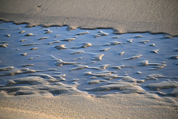Abstract ripple shapes pattern in the sand made by receding waves with water sill in them