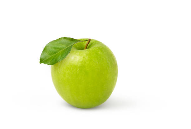istock Fresh green apple with green leaf isolated on white background. 2205611587