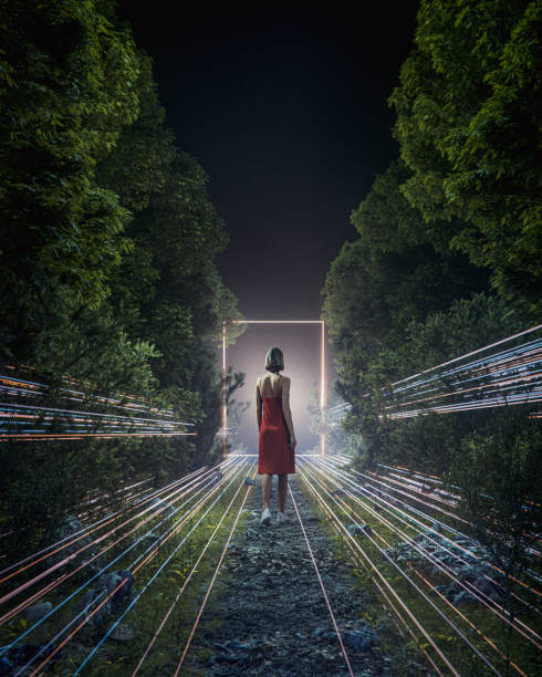 istock Young woman walking in mysterious forest at night 2205611591