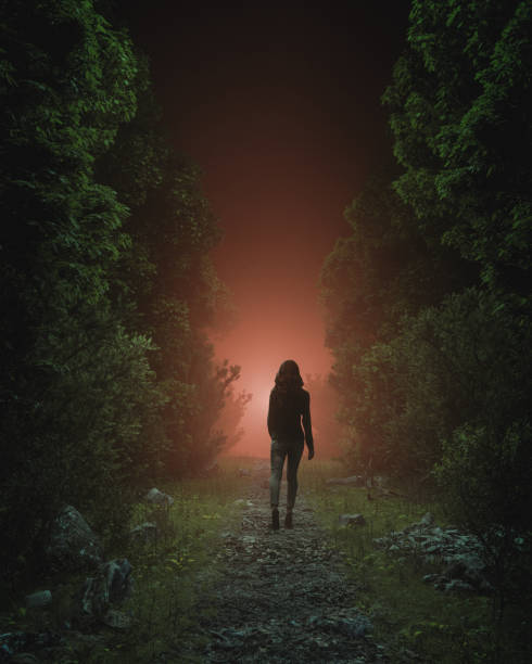 Young woman walking in mysterious forest at night. 3D generated image.