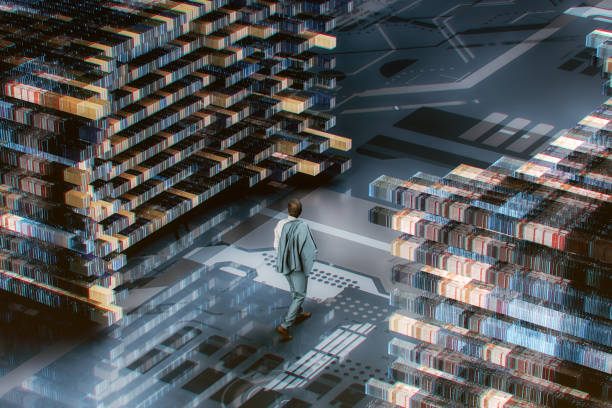 Businessman walking in VR environment - 3D generated image.