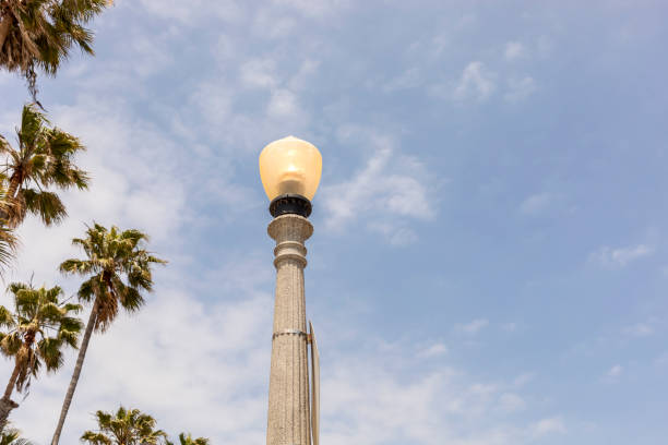 Template Street Light. Working Lamppost, Light Bulb on Column. Blue Cloudy Sky and Palm Trees on Background. Horizontal Plane. Outdoor Lighting System. Copy Space. High quality photo