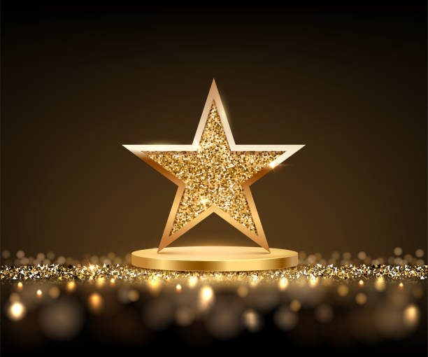 istock Gold podium with glitter star on top. Golden award platform with glowing star and confetti floor isolated on black background. Abstract vector illustration for product presentation or winner ceremony 2205622528
