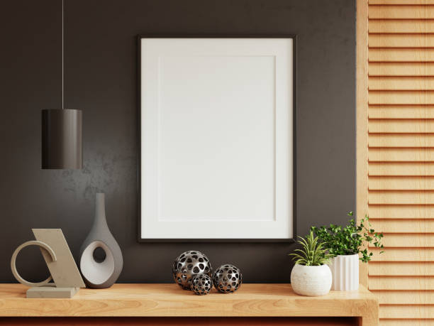 Mockup frame on cabinet in living room interior on empty dark wall background- 3D rendering