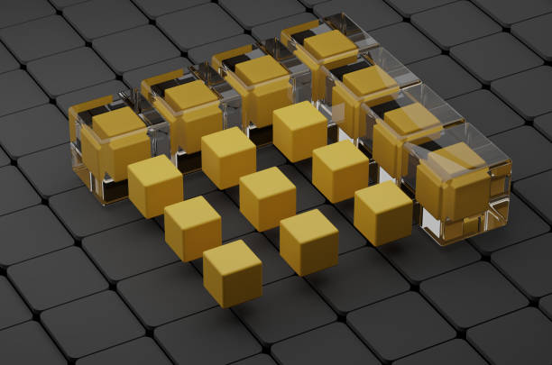 CGI, 3d rendered, box and glass squares on abstract stepped background