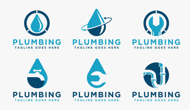 Set of Plumbing symbol vector with water drop and circle plumbing pipe design
