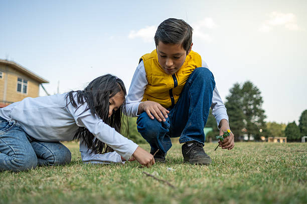 istock Latin american children crouching, using magnifying glass while exploring backyard flora, discovering natural details with scientific curiosity 2205638811