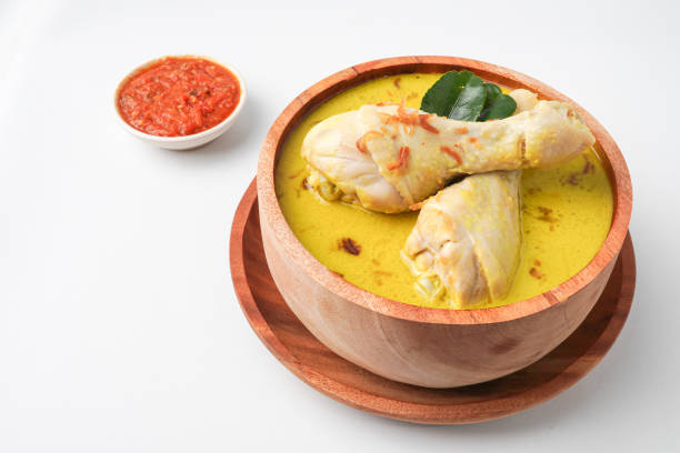 istock Lontong opor ayam is an Indonesian traditional dish usually served during eid Mubarak, Eid al Fitr holiday celebration with Ketupat Lebaran or rice cake dumpling and sambal chili sauce. 2205639009