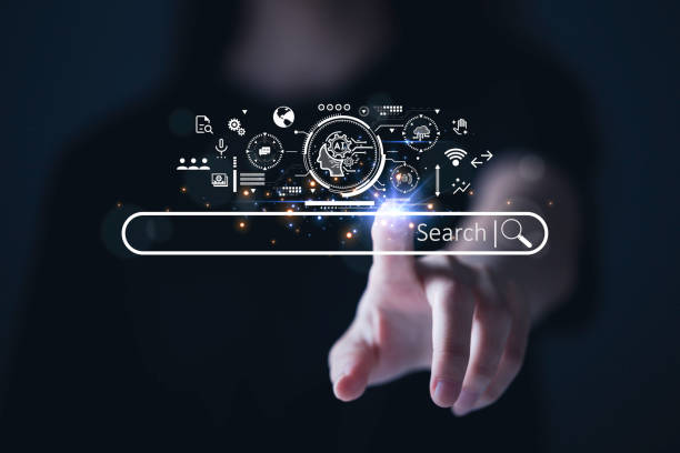 SEO Search Engine Optimization concept. The search bar shows SEO tools icons on your website with AI assistants, user analytics, content creation, and search algorithm improvements.