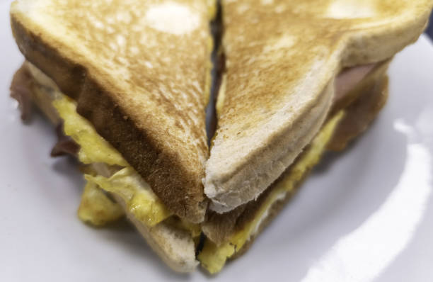 A hearty breakfast features a toasted sandwich with layers of ham and cheese, topped with a fried egg and garnished with chopped green onions, served with fresh cherry tomatoes.