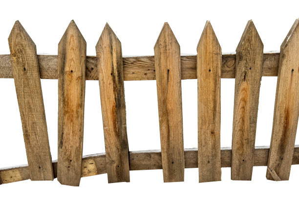 istock A wooden fence with a crooked appearance 2205645326