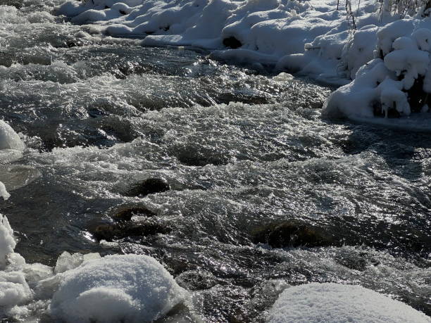 A river in a mountainous area in winter. A stormy stream.