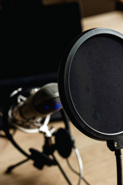 istock On the air concept - microphone with filter and laptop computer. Podcast recording 2205648332
