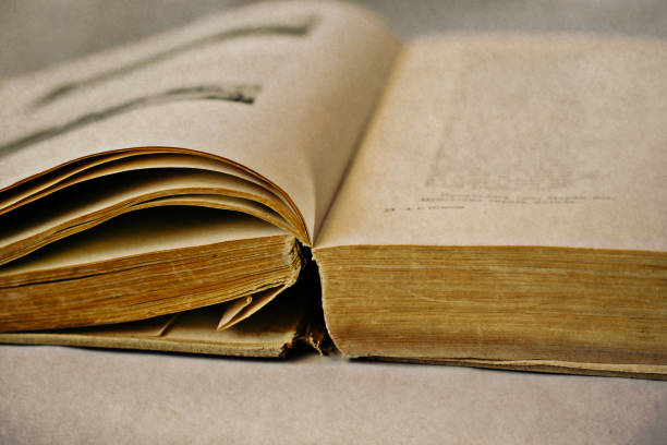 Open old book with text on dirty white vintage background