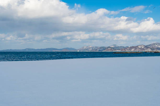 Winter, snow-covered beach. Gappo Park, Aomori, Japan