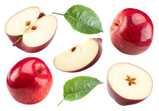 istock red apples with green leaves isolated on white background. clipping path 2205653501