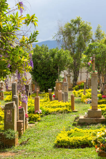 Tropical graveyard of Barichara, Santander, Colombia. Colorful floral background.