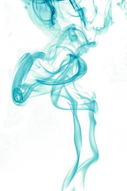 Abstract turquoise smoke swirls gracefully on a white background, creating a fluid and artistic design.