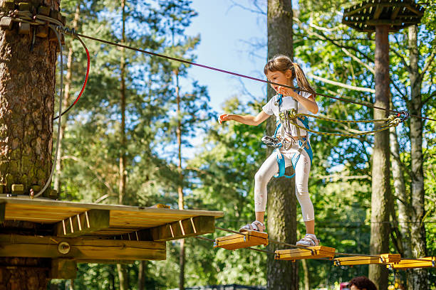 Young girl confidently navigates a challenging rope course high above the ground in a forest setting