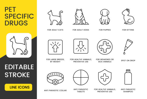 A set of pet specific drug icons in vector, designed for adult cats and dogs, large breeds by weight, healthy animals for preventive use, weakened or sick animals, with an editable stroke A set of pet specific drug icons in vector, designed for adult cats and dogs, large breeds by weight, healthy animals for preventive use, weakened or sick animals, with an editable stroke. weak cat stock illustrations