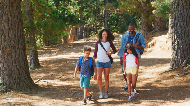 istock Family On Hiking Adventure Walking Along Path Through Woods 2205667911