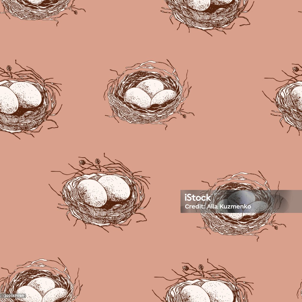 Spring Seamless Pattern With Bird Nest With Eggs Easter Hand Drawn ...