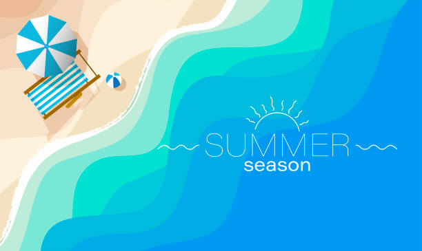 illustrazioni stock, clip art, cartoni animati e icone di tendenza di veduta aerea della spiaggia estiva, sabbie calde dell'oceano blu con accessori e ombrellone - costa caratteristica costiera