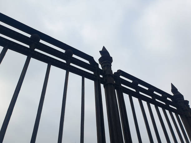 istock Metal wrought iron antique patterned fence. Fence, high gate. 2205677989