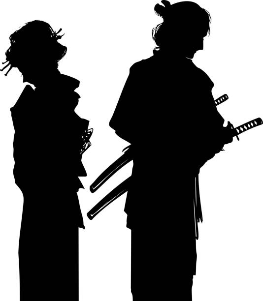 istock Silhouette of a town girl and a young samurai in love in Edo (monochrome cutout style) 2205681643