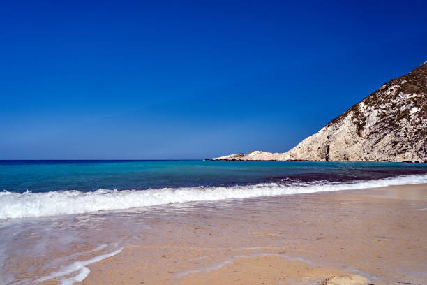 istock sandy, empty beach and rocky cliff on Kefalonia island 2205683229