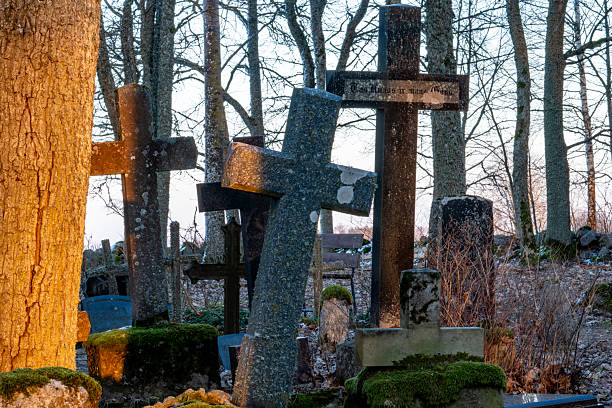 istock Old Moss-Covered Stone Crosses in a Historic Cemetery 2205687711
