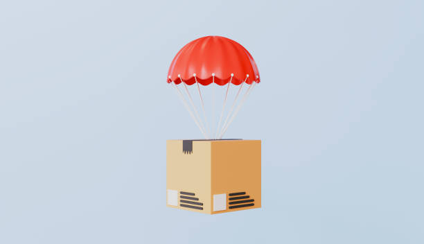 istock Parcel box with a parachute, product delivery 3d illustration 2205689698