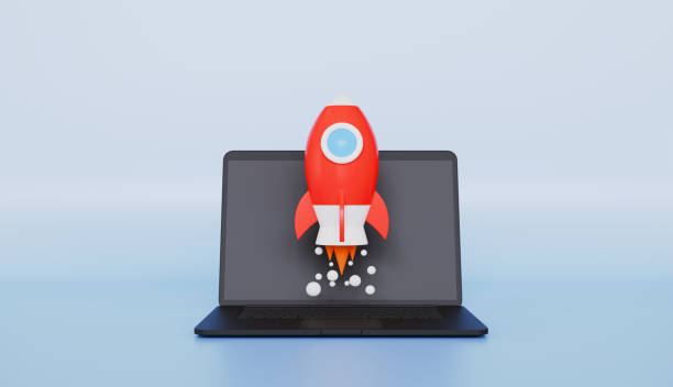 istock Rocket launch business start up, mission started, laptop with rocket launching 3d illustration 2205689704