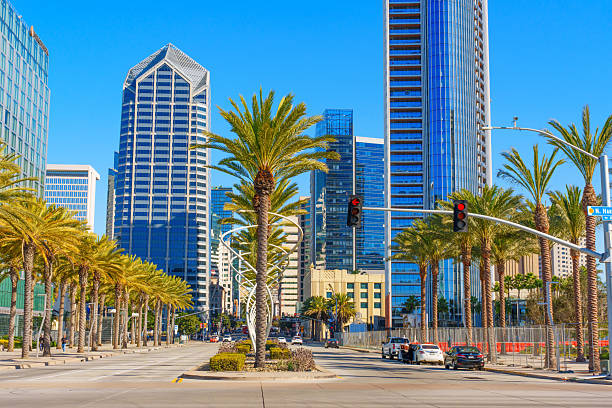 San Diego, California - January 14, 2025: Vibrant cityscape showcasing modern architecture and palm trees, perfect for travel, lifestyle, and urban design concepts.