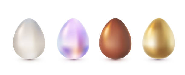 istock Vector set of illustration of golden, neon and chocolate egg isolated on white background. 3d cartoon style design of realistic shine different color egg for holiday easter hunt greeting card 2205693773