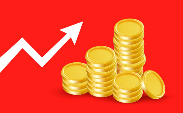 istock Vector illustration of set of different pile of shine gold coin stack with arrow growth up on color background. 3d realistic style design of gold coin, game chip, income graph, money cash symbol for payment and investment, gambling and casino chip 2205694928